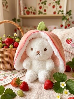 🍓 Plush Bunny with Pink Strawberry Hood 🍓